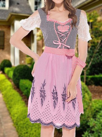 Dirndl Oktoberfest Urlaub Kariert Karree-Ausschnitt Kleid mit Nein