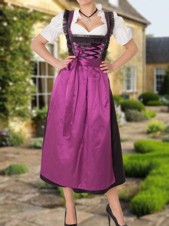 Dirndl Oktoberfest Urlaub Unifarben Gekerbt Regelmäßige Passform Kleid