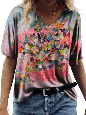 Damen Lässig Schmetterling Blume Muster Kurzarm T-Shirt Urban Täglich Kleidung