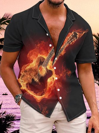 Herren Flamme Gitarre Bluse Lässig Urlaub Hawaiische Kleidung
