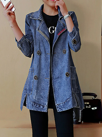 Reverskragen Unifarben Lässig Denim Jacke