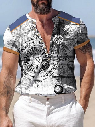 Lässig Kompass Knopf Kurzarm T-Shirt Urlaub Strand Herren T-Shirts