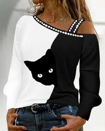 Weit Carmen Katze Lässig Bluse