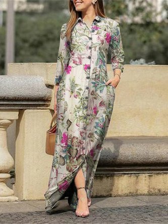 Lässig Geblümt Knopf Lang Kleid Urlaub Böhmisch Kleidung für Damen