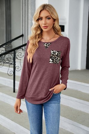 Urban Lässig Leopard Patchwork Hohe Elastizität Langarm T-Shirt Täglich Kleidung für Damen