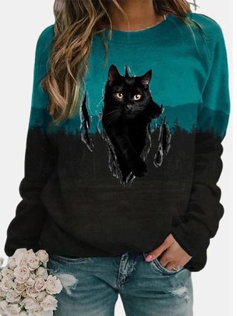 Damen Lässig Katzenmuster Farbverlauf Pullover Kapuze Urban Täglich Kleidung für Damen