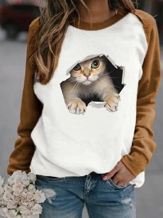 Weit Katze Lässig Rundhals Sweatshirt