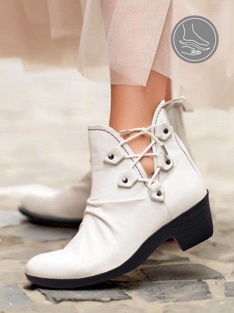 Weiß Leder Retro Western Kreuz Schnürung Cowboy Blockabsatz Stiefelette