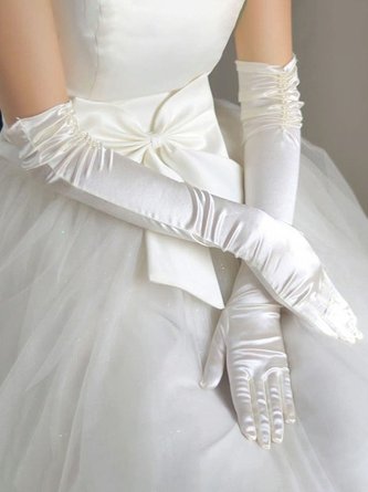 Elegant Doppelt Reihe Perlen Plissiert Satin Hochzeit Braut Abschlussball Dating Ellbogen Handschuhe