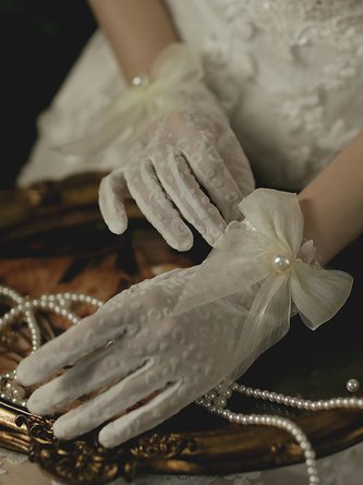 Weiß Elegant Bestickt Mesh Perle Schleife Hochzeit Party Date Abschlussball Handschuhe