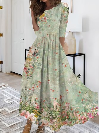 Geblümt Elegant V-Ausschnitt Regelmäßige Passform Kleid