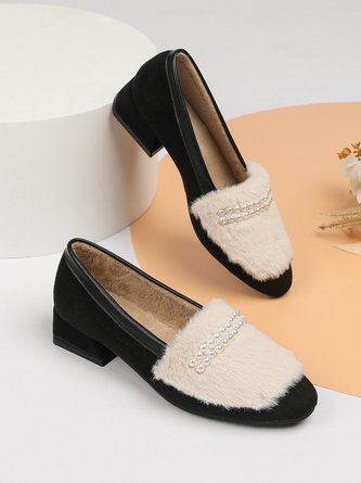 Elegant Faux Perlen Farbblock Pelzig Quadratisch Blockabsatz Schuhe
