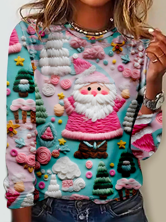 3D-Digitaldruck Pink Weihnachtsmann Muster Regelm??ige Passform Lässig Langarm Print Bluse
