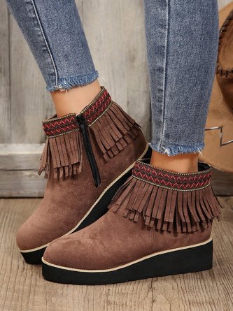 Retro Franse Seite Reißverschluss Keilabsatz Kurze Stiefel