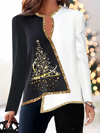 Gestrickt Weihnachten V-Ausschnitt Lässig Bluse