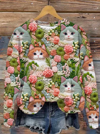 3D-Digitaldruck Katze Weit Rundhals Lässig Sweatshirt