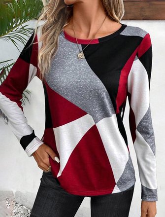 Farbblock Lässig Gestrickt Weit T-Shirt