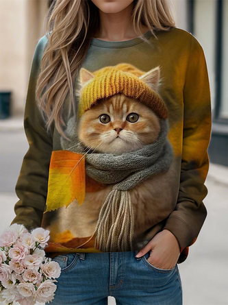 Rundhals Katze Lässig Sweatshirt