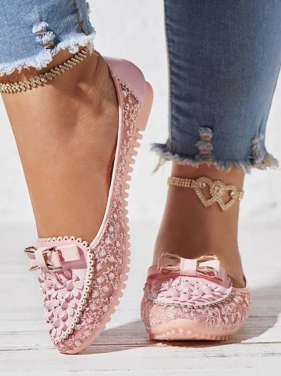 Elegant Abziehbilder Schleife Dekor Spitze Nahtverarbeitung Flach Schuhe