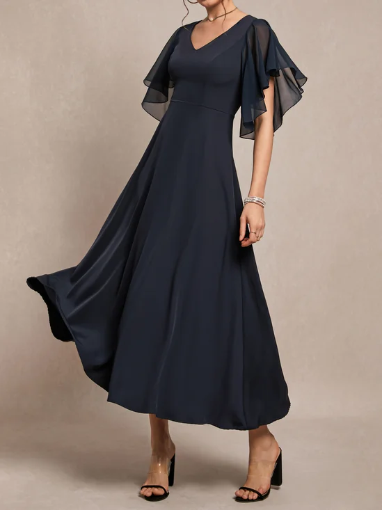 V-Ausschnitt Regelmäßige Passform Rüschenärmel Elegant Unifarben Kleid