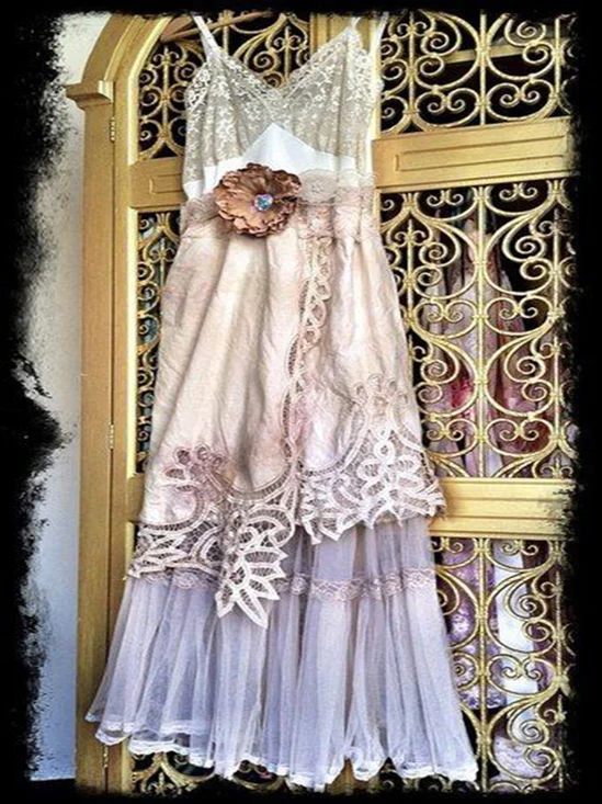 Damen V-Ausschnitt Elegant Ärmellos Patchwork Weberei Kleid