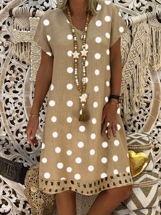 Damen V-Ausschnitt Kurzarm Hohl Polka Dot Sommer Kleid