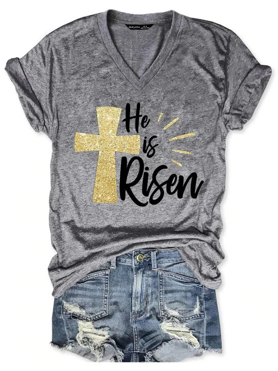 Damen Buchstabe Kurzarm T-Shirts T-Shirt V-Ausschnitt Lässig Sommer Oberteile