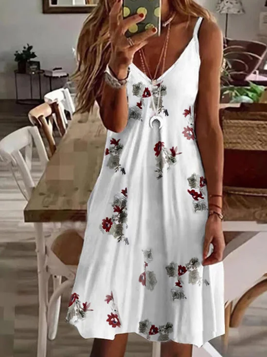 Damen Geblümt Ärmellos Sommer Kleid Spaghettiträger Täglich Lässig Mini Tanktop H-Linie Kleid