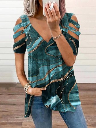 Baumwollgemisch Lässig V-Ausschnitt Kurzarm Farbverlauf Abstrakt Blusen & Shirts