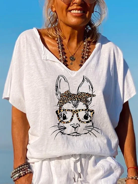 Damen Tier Kurzarm T-Shirts T-Shirt V-Ausschnitt Retro Sommer Oberteile