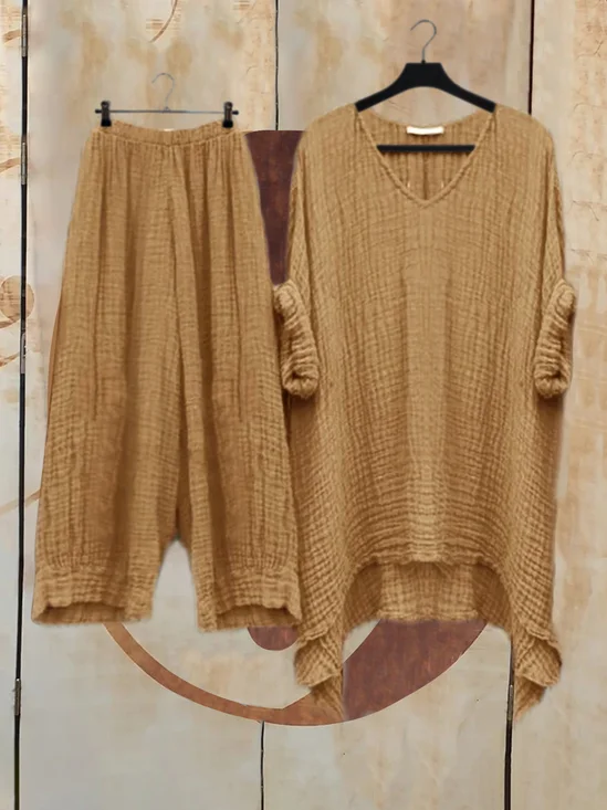 Baumwolle Leinen Textur Weit Basic Einfach passen Oberteile Hosen extra Größe