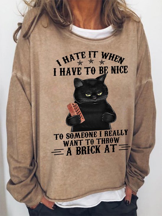 Damen Rundhals Katze Einfach Frühling/Herbst Langarm Sweatshirt