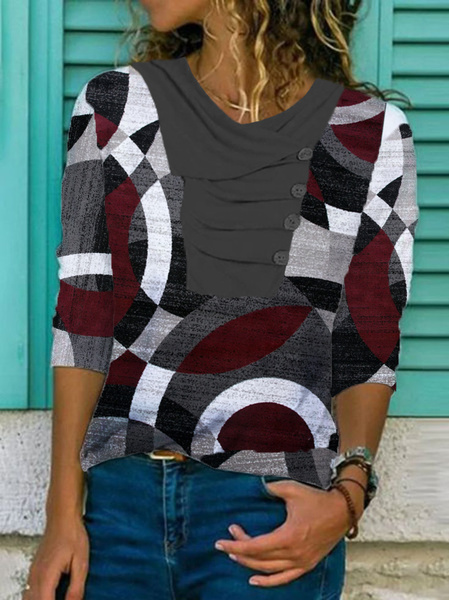 Geometrisch Lässig Herbst Mikroelastizität Täglich Regelmäßige Passform Rundhals H-Linie Regelmäßig Größe T-Shirt für Damen