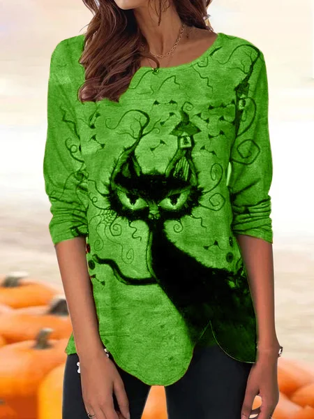Lässig Herbst Katze Jersey Halloween Langarm H-Linie Regelmäßig Mittel Elastizität Blusen & Shirts für Damen