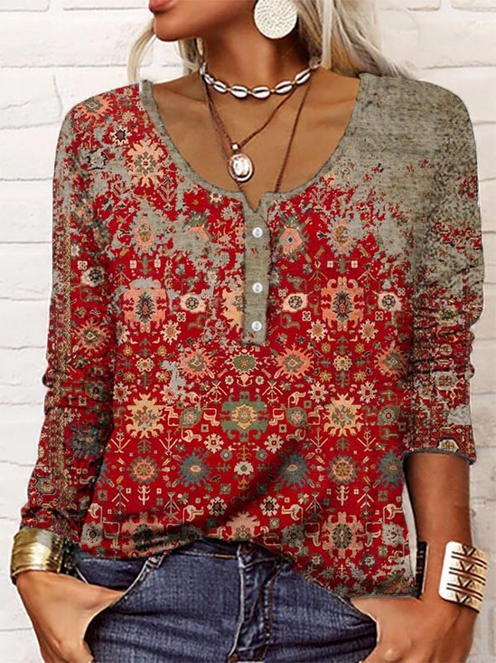 V-Ausschnitt Baumwollmischung Ethnisch Bluse Bedruckenn & Shirt