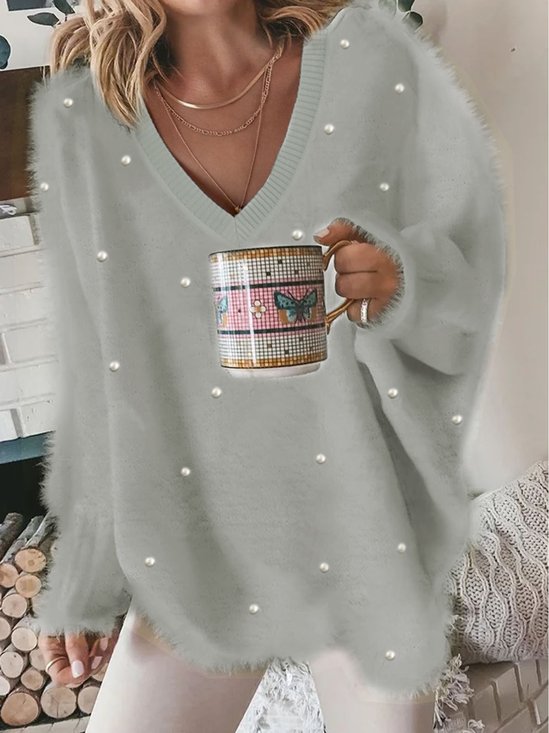 V-Ausschnitt Lässig Unifarben Perle Behaart Tunika Pullover