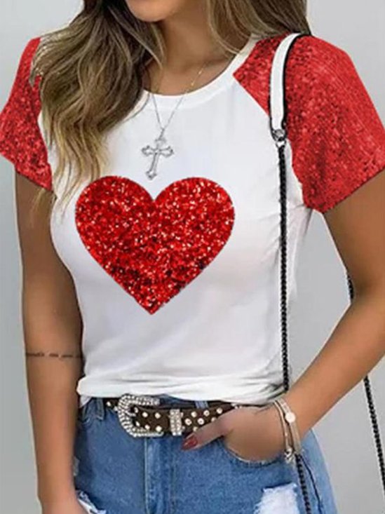 Perlen Regelmäßige Passform Herz/Herz Lässig T-Shirt