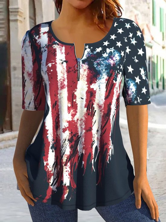 Damen Kurzarm Bluse Sommer Amerika-Flagge Reißverschluss Jersey Rundhals Täglich Ausgehen Lässig Oberteile