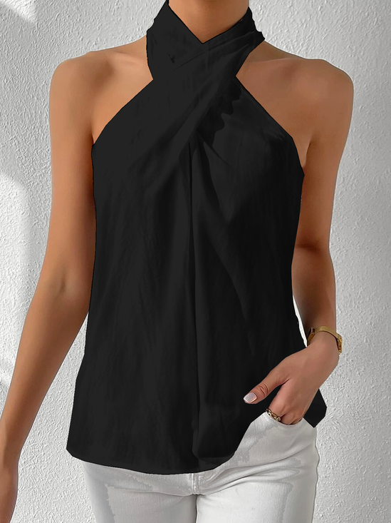 Damen Ärmellos Tanktop Oberteile Leibchen Sommer Unifarben Kreuz Neckholder Täglich Lässig Oberteile