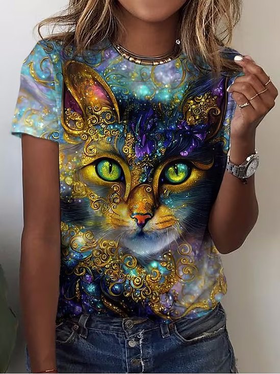 Damen T-Shirt Gelbe Katze 3D-Druck Kurzarm Rundhalsausschnitt