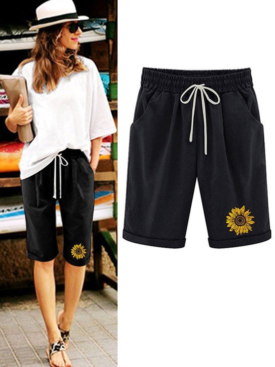 Damen Sonnenblume Shorts Hose mit Weitem Bein Lässig Sommer Shorts