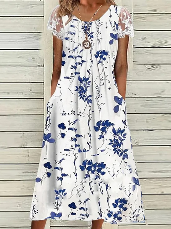 Damen Geblümt Kurzarm Sommer Spitzenkleid Rundhals Täglich Lässig Maxikleid A-Linien-Kleid