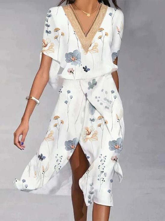 Damen Geblümt Kurzarm Sommer Spitzenkleid V-Ausschnitt Party Lässig Maxikleid A-Linien-Kleid