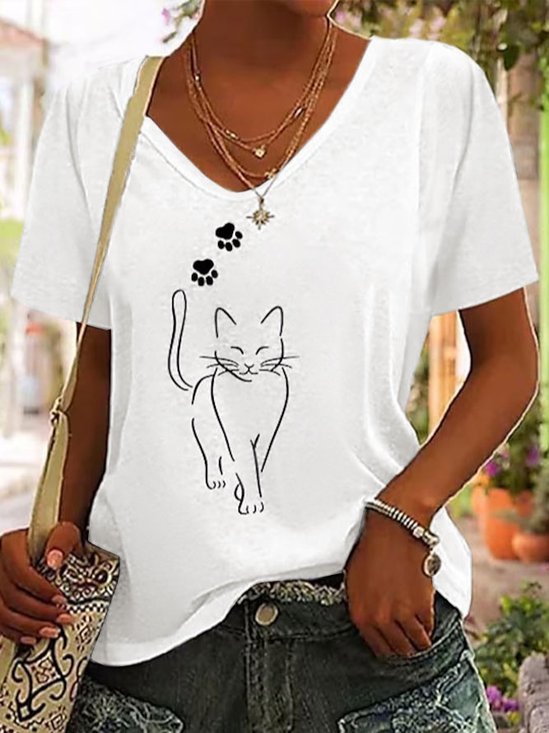 Damen Lässig Sommer Katze Baumwolle Täglich Weit Kurzarm T-Shirt