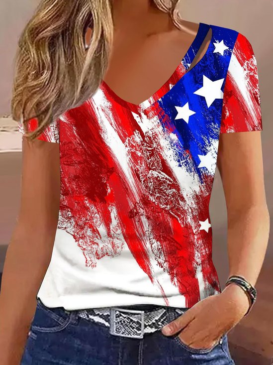 Damen Amerika-Flagge Kurzarm Bluse Sommer V-Ausschnitt Täglich Lässig Oberteile