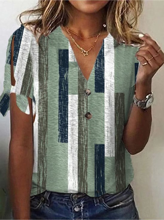 Damen Kurzarm Bluse Sommer Farbblock Cut-Outs V-Ausschnitt Täglich Ausgehen Lässig Oberteile Grün
