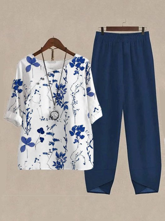 Damen Geblümt Schnalle Zweiteiliges Set Täglich Dreiviertelärmel Lässig Frühling/Herbst Bluse mit Hose Matching Set