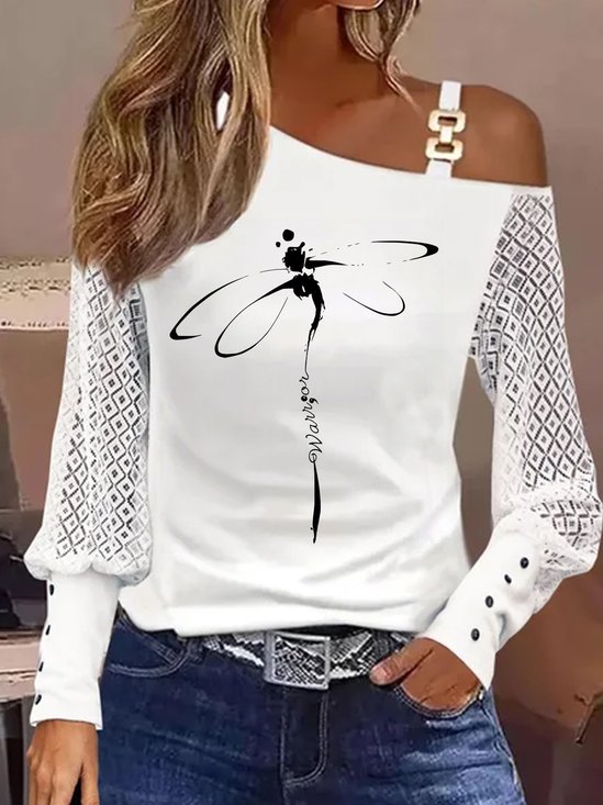 Damen Libelle Langarm Bluse Frühling/Herbst Spitze Asymmetrisch Täglich Lässig Oberteile