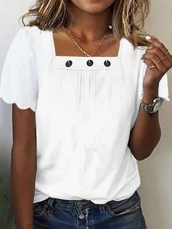 Lässig Karree-Ausschnitt Unifarben Baumwolle T-Shirt