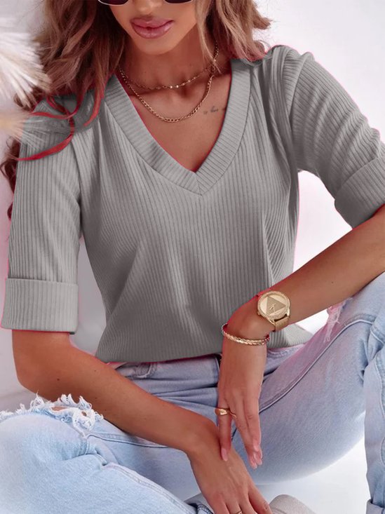 Regelmäßige Passform Unifarben Lässig V-Ausschnitt T-Shirt